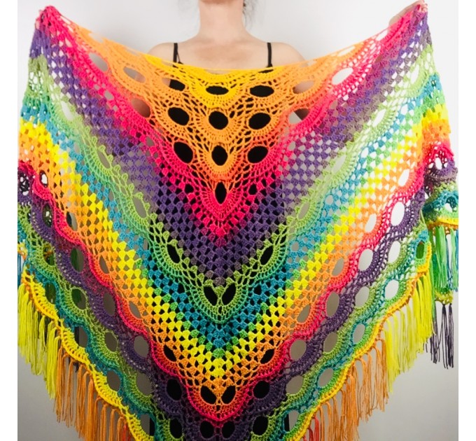 Rainbow Neon Shawl Fringe Plus Size Shawl Rainbow Granny Square Shawl Pride Women Crochet Triangle Wrap Man Festival Vegan Unisex 