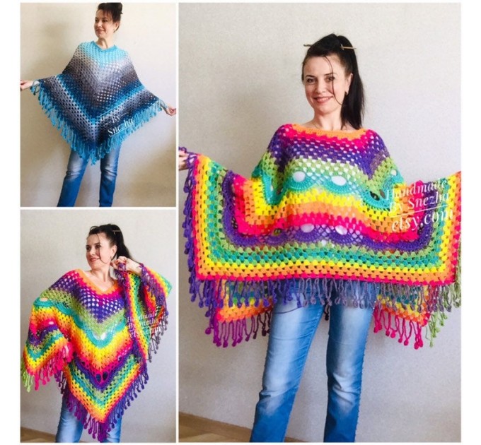 Crochet Poncho Women, Pride Vegan Shawl Fringe, Rainbow Plus Size Men ...