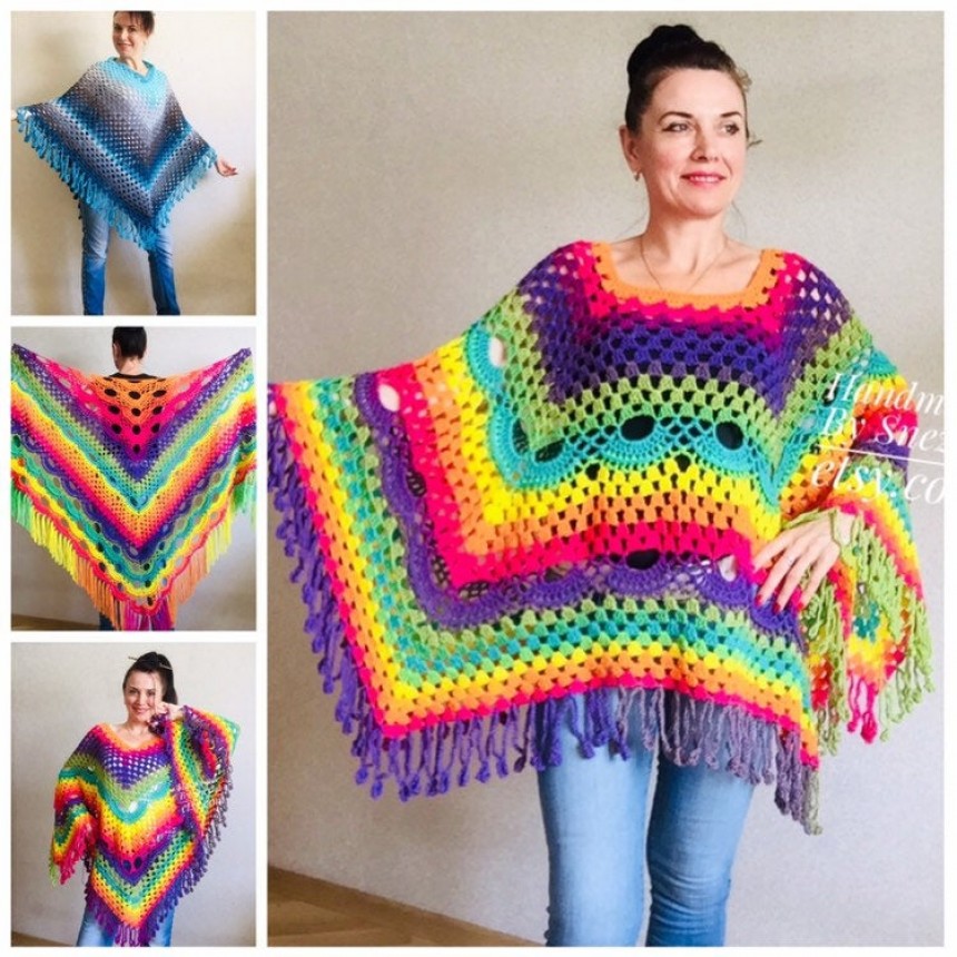 Crochet Poncho Women Plus Size Rainbow Festival Pride Vegan Clothing ...
