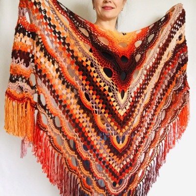 Outlander Crochet Shawl Wraps Fringe Burnt Orange Gift pin brooch Triangle Boho Rainbow Shawl Big Multicolor Lace Hand Knitted Evening Shawl