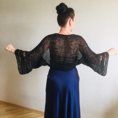 Bolero Shrug Black Lace Hand Knit Summer Plus Size Jacket Blue Mohair Bridal Bolero with Sleeves Knit Cardigan Bridesmaid Short Sleeve Shrug