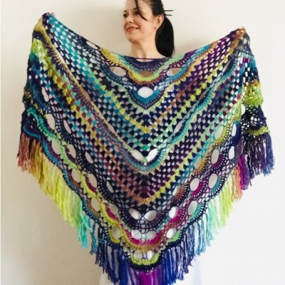 Blue Triangle Shawl Fringe Wool shawl and Wraps Multicolor crochet shawl Festival shawl knit wrap shoulder wrap winter