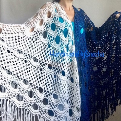 Navy Blue White COTTON Crochet SHAWL Granny Square Bridesmaid Wraps Custom Color Fringe Summer Lace Shawl Hand Knit Triangle Flower Black